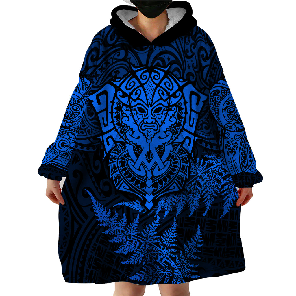 New Zealand Rugby Wearable Blanket Hoodie Silver Fern All Black Mix Ta Moko Blue Style LT9 - Polynesian Pride