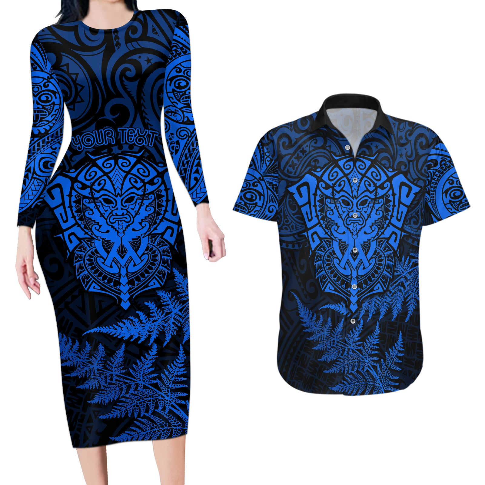 Personalised New Zealand Rugby Couples Matching Long Sleeve Bodycon Dress and Hawaiian Shirt Silver Fern All Black Mix Ta Moko Blue Style LT9 Blue - Polynesian Pride