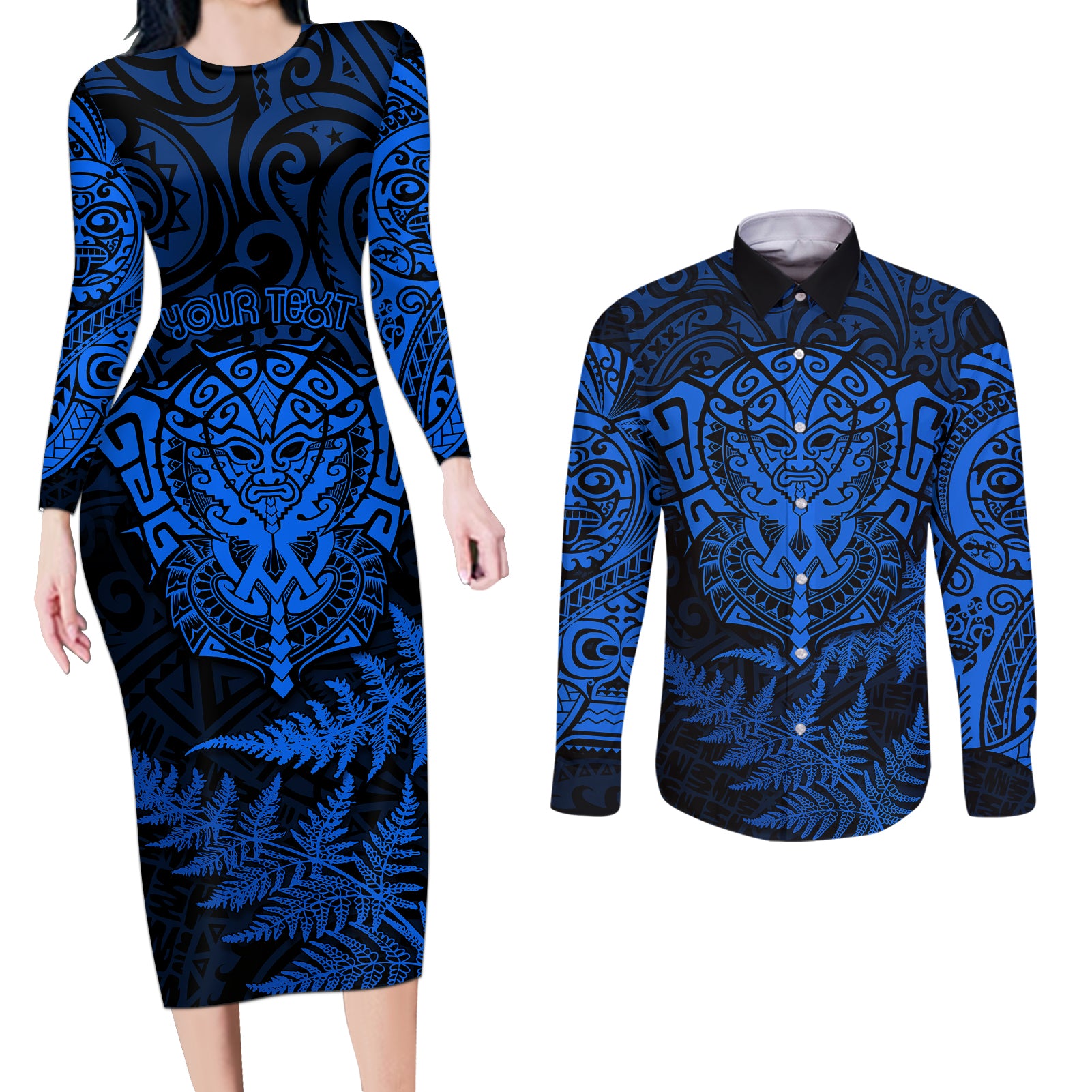 Personalised New Zealand Rugby Couples Matching Long Sleeve Bodycon Dress and Long Sleeve Button Shirts Silver Fern All Black Mix Ta Moko Blue Style LT9 Blue - Polynesian Pride