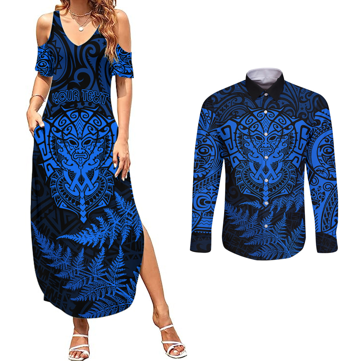 Personalised New Zealand Rugby Couples Matching Summer Maxi Dress and Long Sleeve Button Shirts Silver Fern All Black Mix Ta Moko Blue Style LT9 Blue - Polynesian Pride