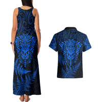 Personalised New Zealand Rugby Couples Matching Tank Maxi Dress and Hawaiian Shirt Silver Fern All Black Mix Ta Moko Blue Style LT9 - Polynesian Pride