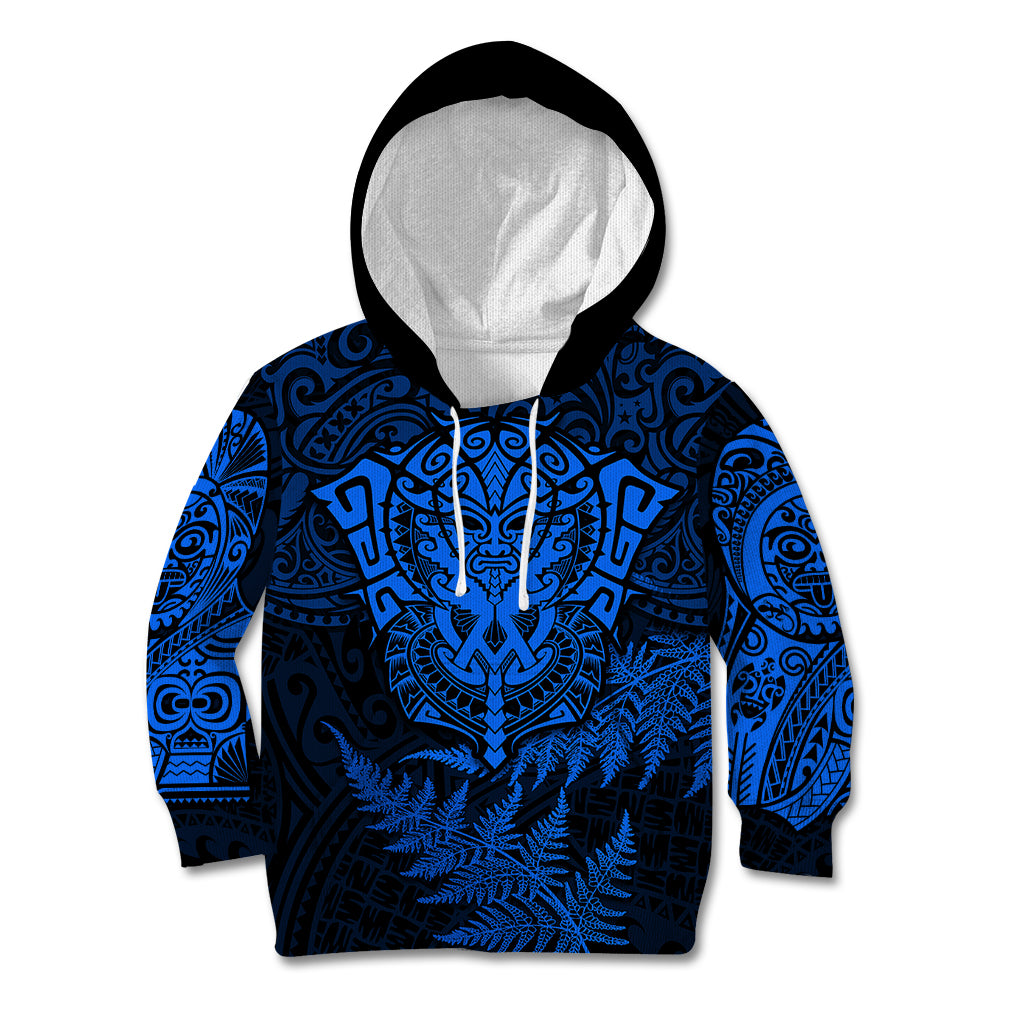 Personalised New Zealand Rugby Kid Hoodie Silver Fern All Black Mix Ta Moko Blue Style LT9 Hoodie Blue - Polynesian Pride