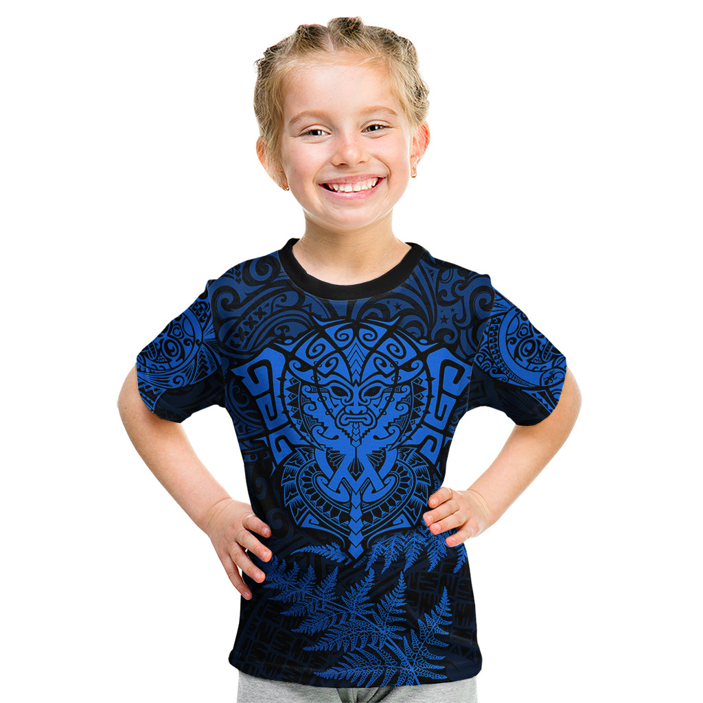 Personalised New Zealand Rugby Kid T Shirt Silver Fern All Black Mix Ta Moko Blue Style LT9 Blue - Polynesian Pride