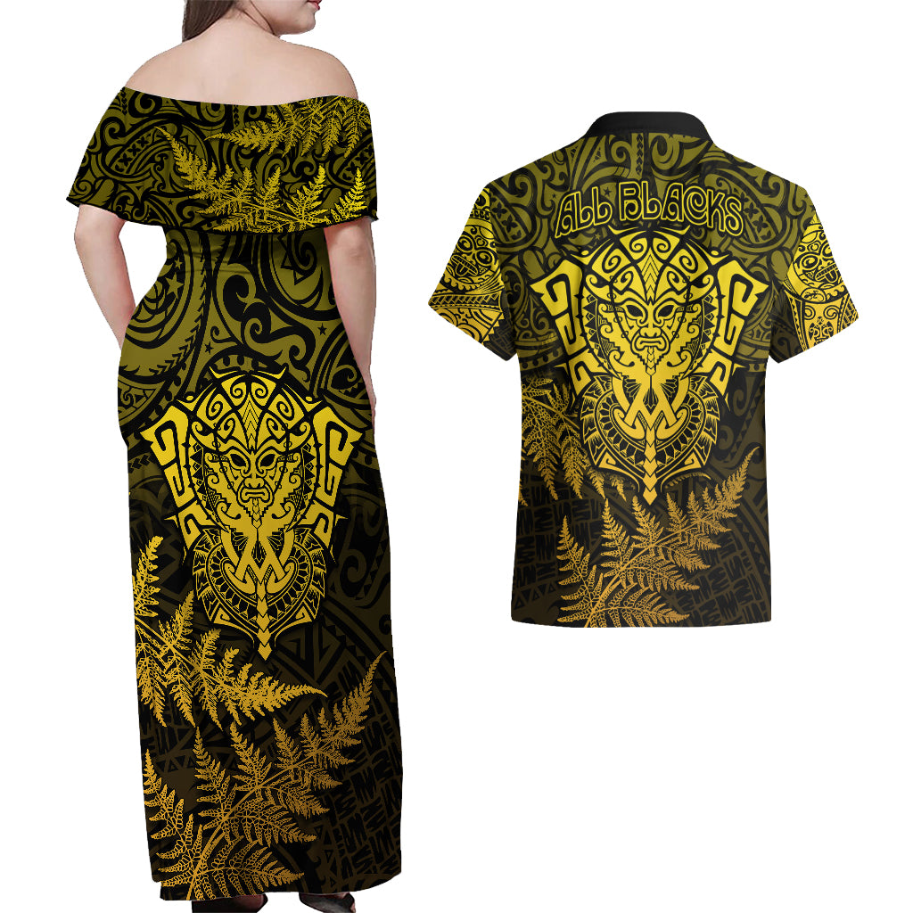 New Zealand Rugby Couples Matching Off Shoulder Maxi Dress and Hawaiian Shirt Silver Fern All Black Mix Ta Moko Gold Style LT9 - Polynesian Pride