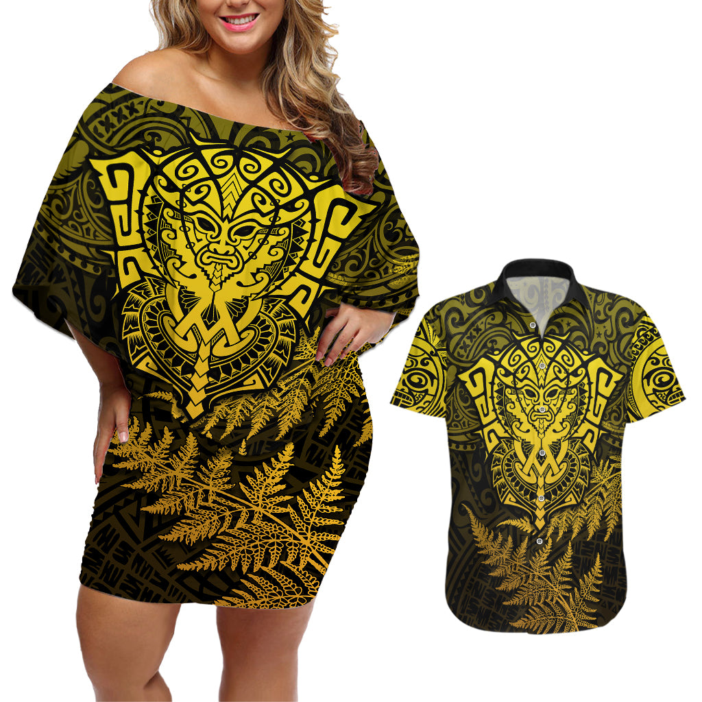 New Zealand Rugby Couples Matching Off Shoulder Short Dress and Hawaiian Shirt Silver Fern All Black Mix Ta Moko Gold Style LT9 Gold - Polynesian Pride