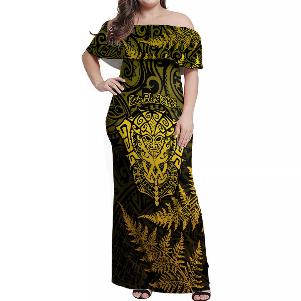 New Zealand Rugby Off Shoulder Maxi Dress Silver Fern All Black Mix Ta Moko Gold Style LT9 Women Gold - Polynesian Pride