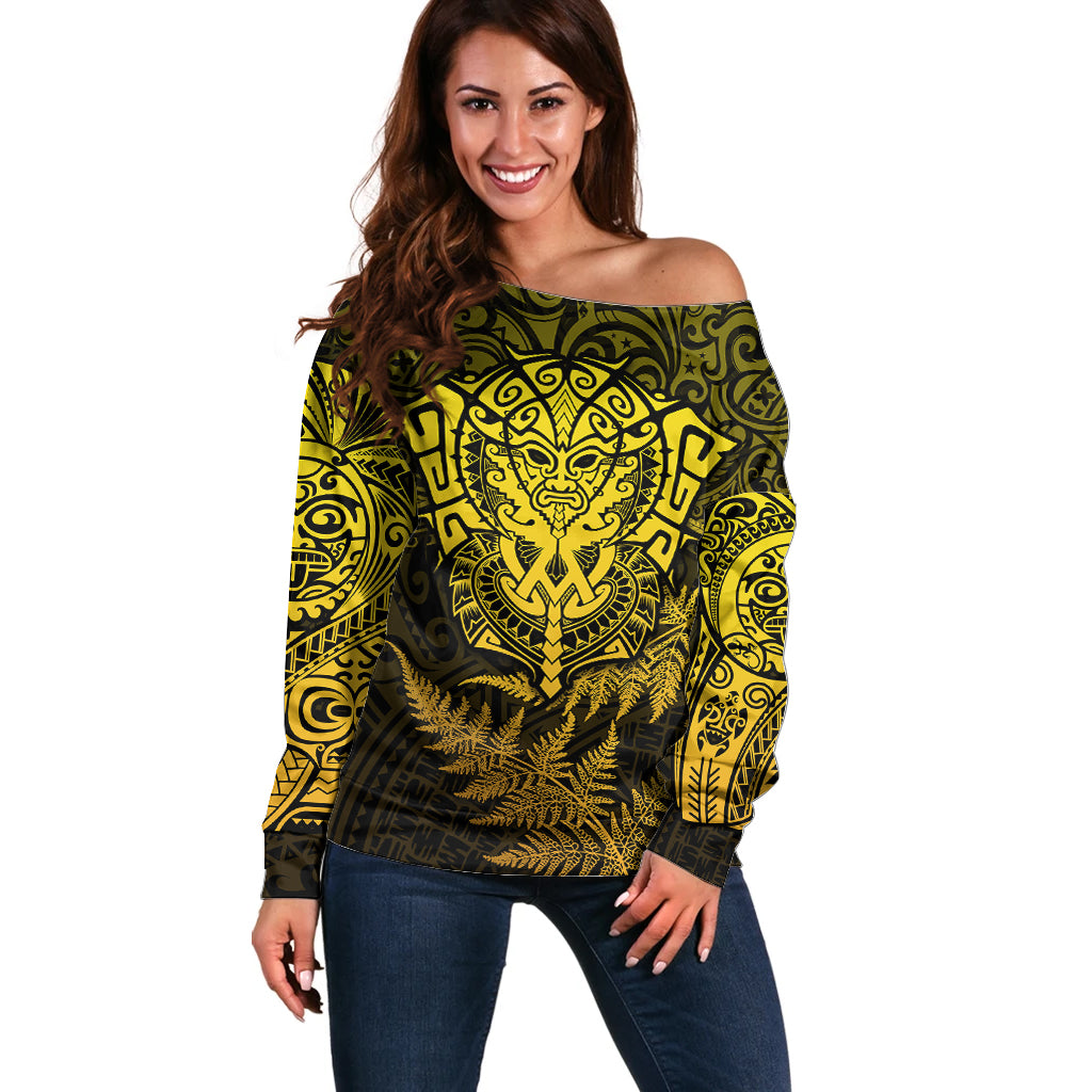 New Zealand Rugby Off Shoulder Sweater Silver Fern All Black Mix Ta Moko Gold Style LT9 Women Gold - Polynesian Pride