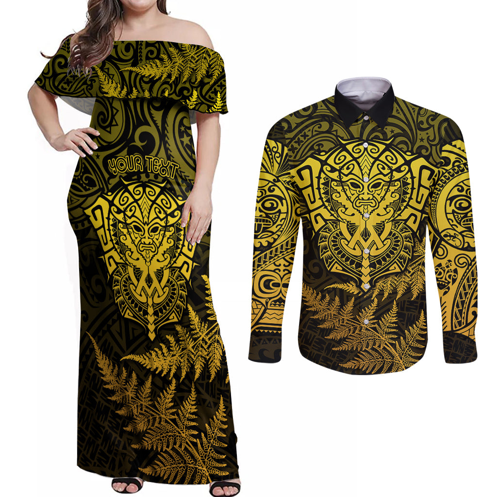 New Zealand Rugby Couples Matching Off Shoulder Maxi Dress and Long Sleeve Button Shirts Silver Fern All Black Mix Ta Moko Gold Style LT9 Gold - Polynesian Pride