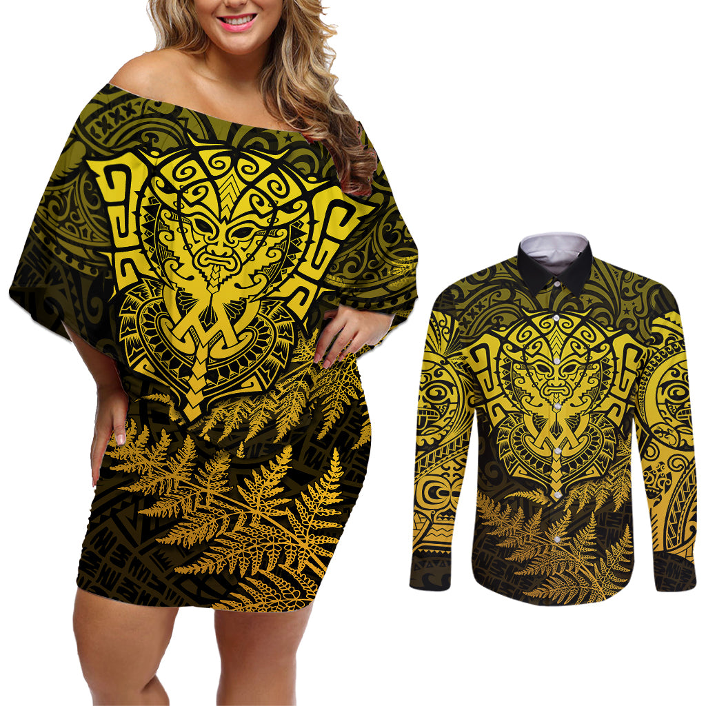 New Zealand Rugby Couples Matching Off Shoulder Short Dress and Long Sleeve Button Shirts Silver Fern All Black Mix Ta Moko Gold Style LT9 Gold - Polynesian Pride