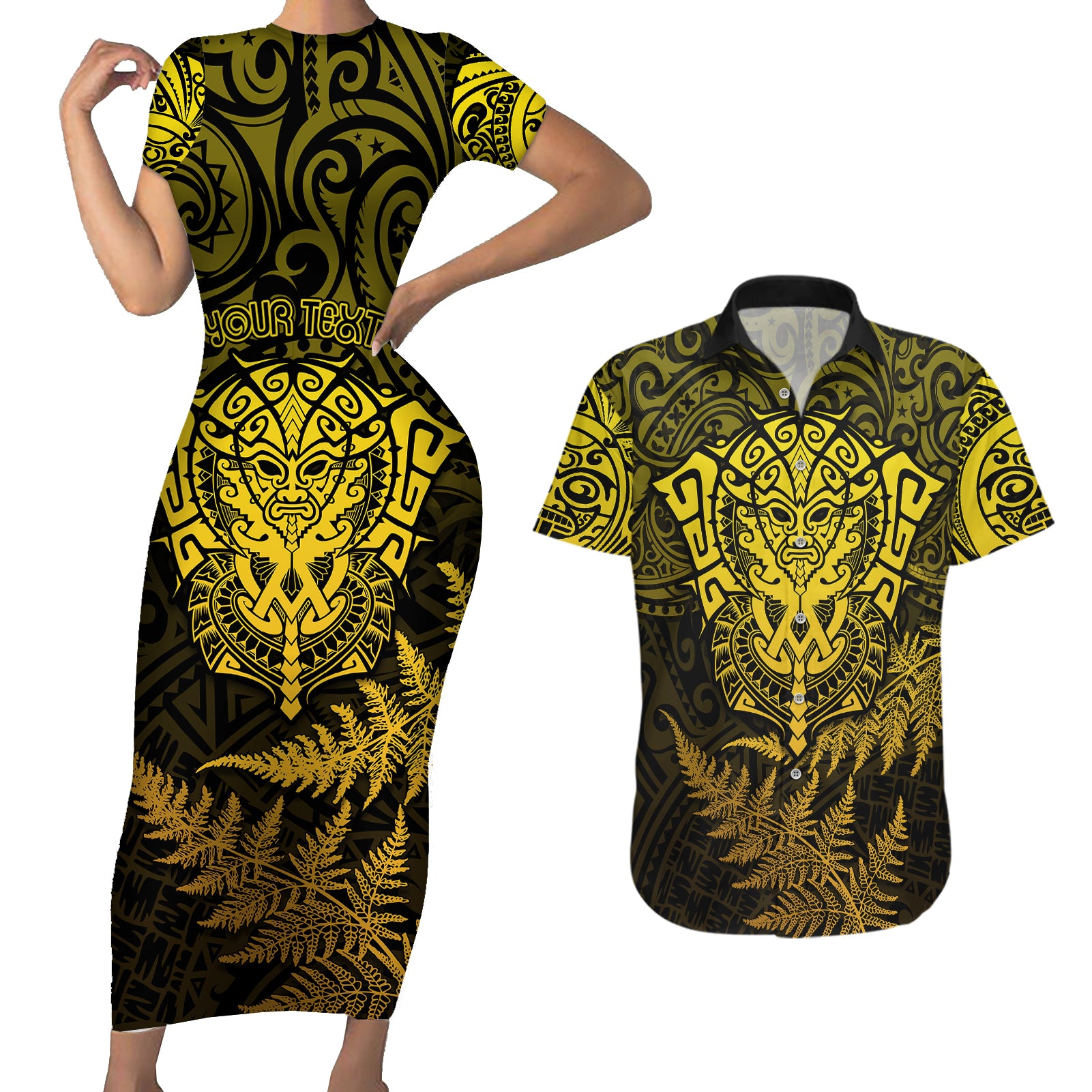 New Zealand Rugby Couples Matching Short Sleeve Bodycon Dress and Hawaiian Shirt Silver Fern All Black Mix Ta Moko Gold Style LT9 Gold - Polynesian Pride