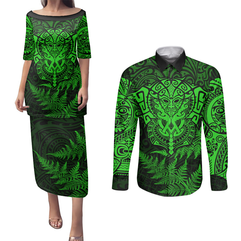 New Zealand Rugby Couples Matching Puletasi Dress and Long Sleeve Button Shirts Silver Fern All Black Mix Ta Moko Green Style LT9 Green - Polynesian Pride