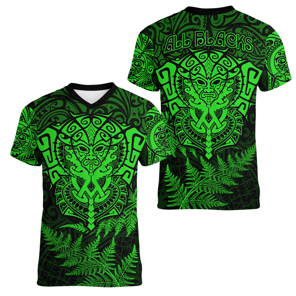 New Zealand Rugby Women V Neck T Shirt Silver Fern All Black Mix Ta Moko Green Style LT9 - Polynesian Pride
