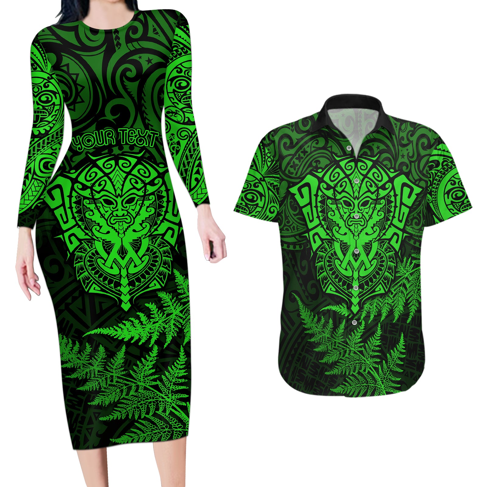 New Zealand Rugby Couples Matching Long Sleeve Bodycon Dress and Hawaiian Shirt Silver Fern All Black Mix Ta Moko Green Style LT9 Green - Polynesian Pride