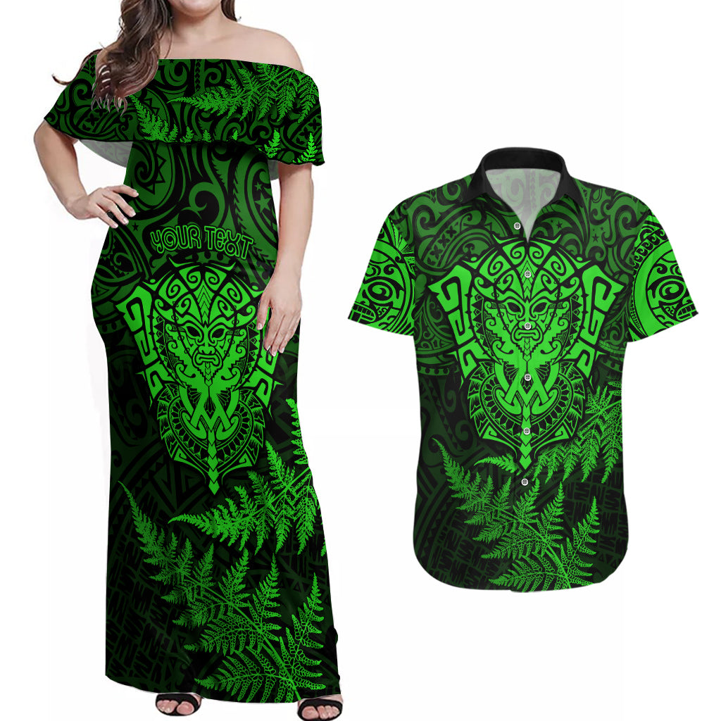 New Zealand Rugby Couples Matching Off Shoulder Maxi Dress and Hawaiian Shirt Silver Fern All Black Mix Ta Moko Green Style LT9 Green - Polynesian Pride