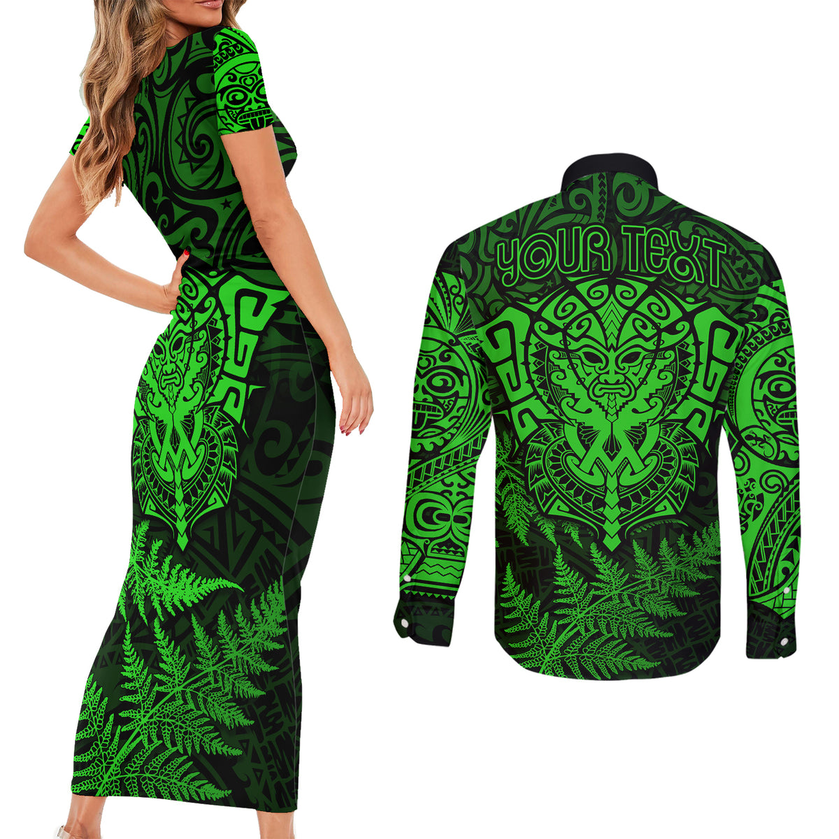 New Zealand Rugby Couples Matching Short Sleeve Bodycon Dress and Long Sleeve Button Shirts Silver Fern All Black Mix Ta Moko Green Style LT9 - Polynesian Pride