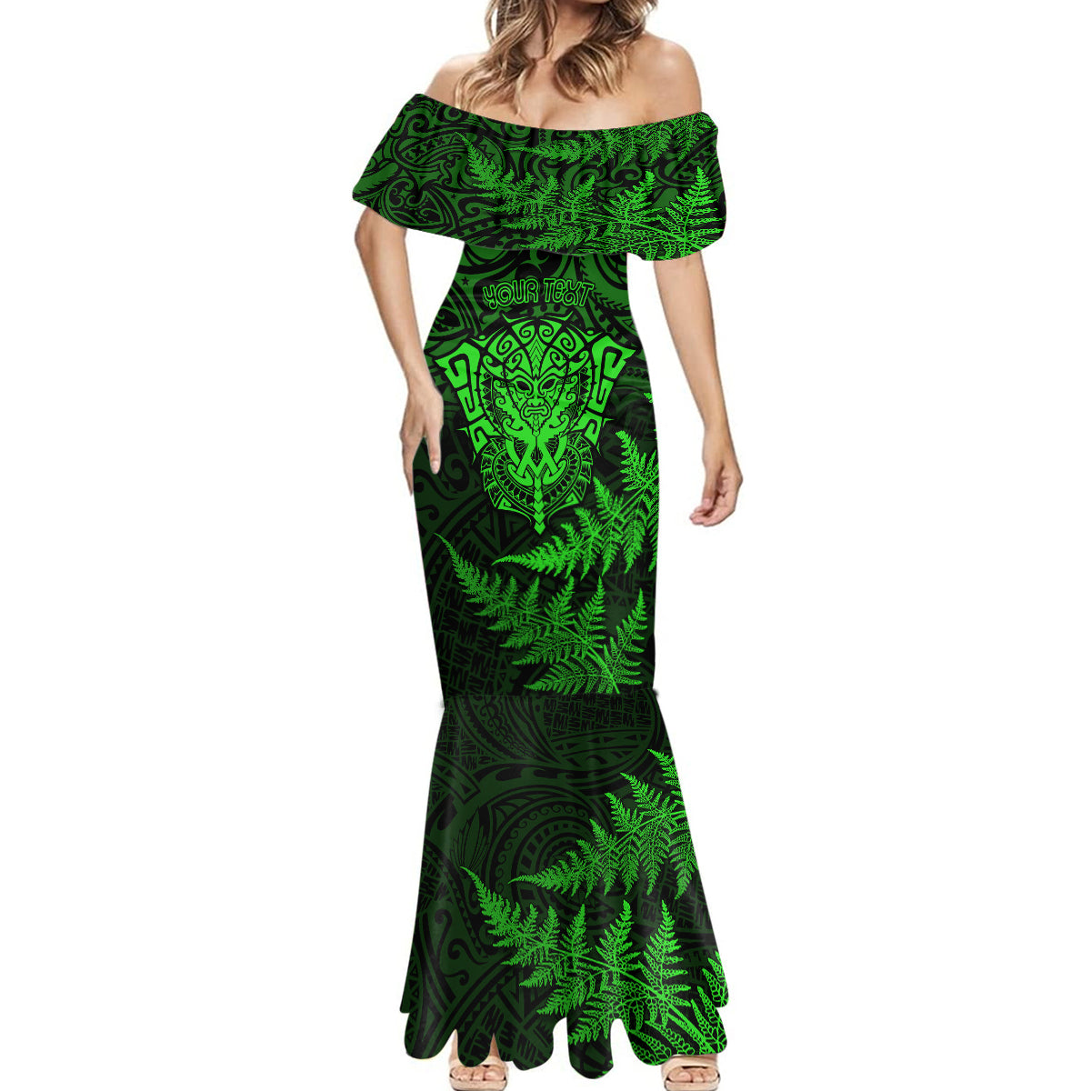 New Zealand Rugby Mermaid Dress Silver Fern All Black Mix Ta Moko Green Style LT9 - Polynesian Pride