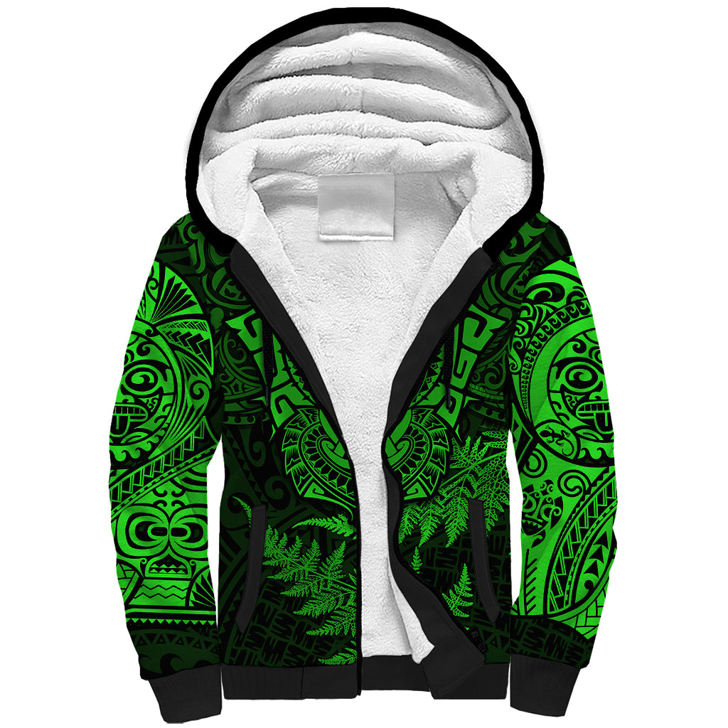 New Zealand Rugby Sherpa Hoodie Silver Fern All Black Mix Ta Moko Green Style LT9 Unisex Green - Polynesian Pride