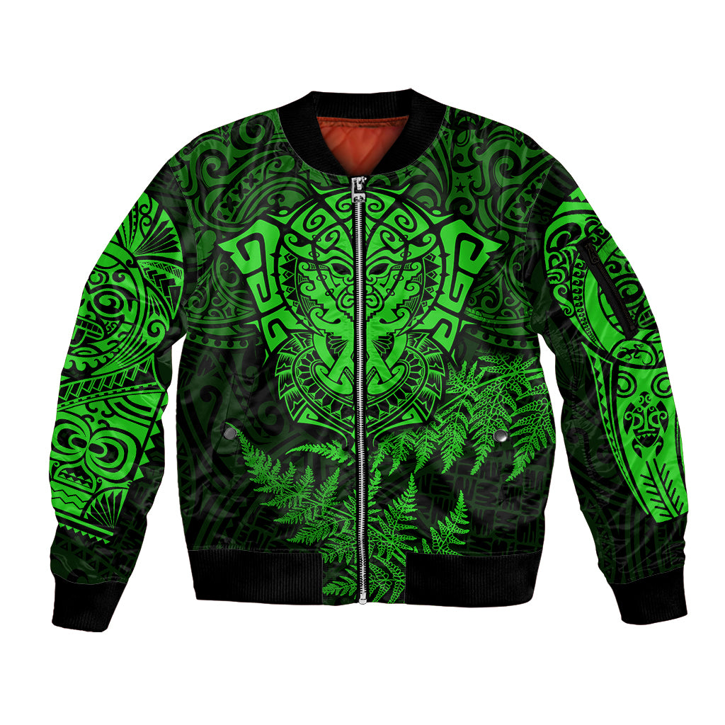 New Zealand Rugby Sleeve Zip Bomber Jacket Silver Fern All Black Mix Ta Moko Green Style LT9 Unisex Green - Polynesian Pride