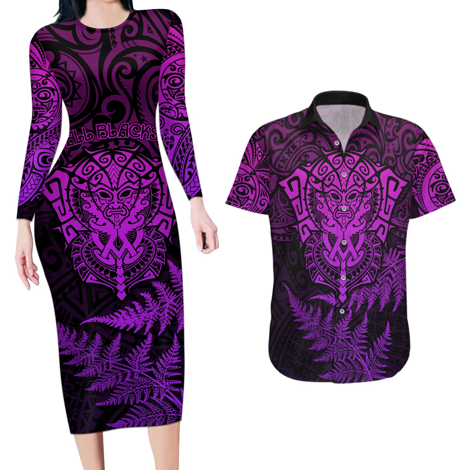 New Zealand Rugby Couples Matching Long Sleeve Bodycon Dress and Hawaiian Shirt Silver Fern All Black Mix Ta Moko Purple Style LT9 Purple - Polynesian Pride