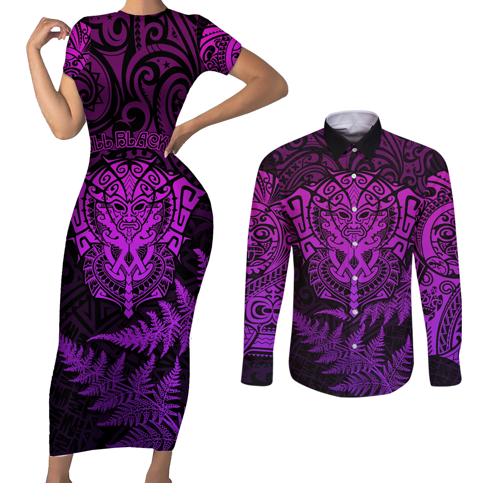 New Zealand Rugby Couples Matching Short Sleeve Bodycon Dress and Long Sleeve Button Shirts Silver Fern All Black Mix Ta Moko Purple Style LT9 Purple - Polynesian Pride