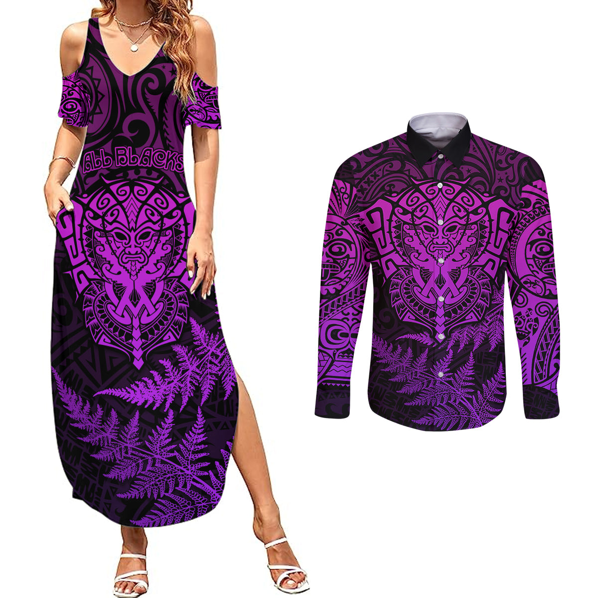 New Zealand Rugby Couples Matching Summer Maxi Dress and Long Sleeve Button Shirts Silver Fern All Black Mix Ta Moko Purple Style LT9 Purple - Polynesian Pride