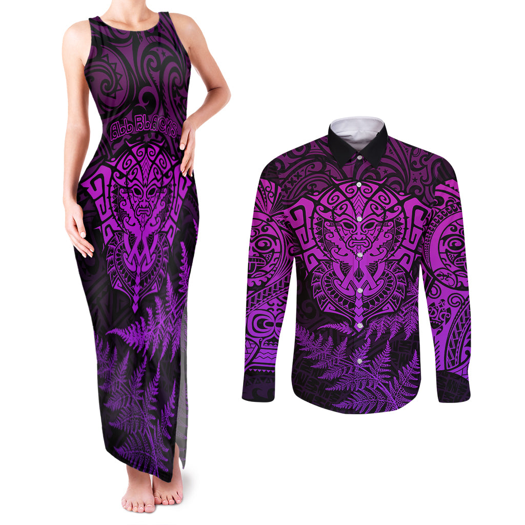 New Zealand Rugby Couples Matching Tank Maxi Dress and Long Sleeve Button Shirts Silver Fern All Black Mix Ta Moko Purple Style LT9 Purple - Polynesian Pride