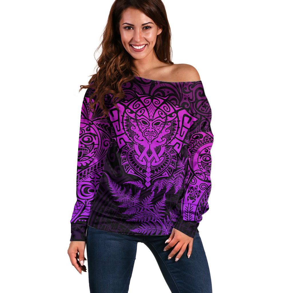 New Zealand Rugby Off Shoulder Sweater Silver Fern All Black Mix Ta Moko Purple Style LT9 Women Purple - Polynesian Pride