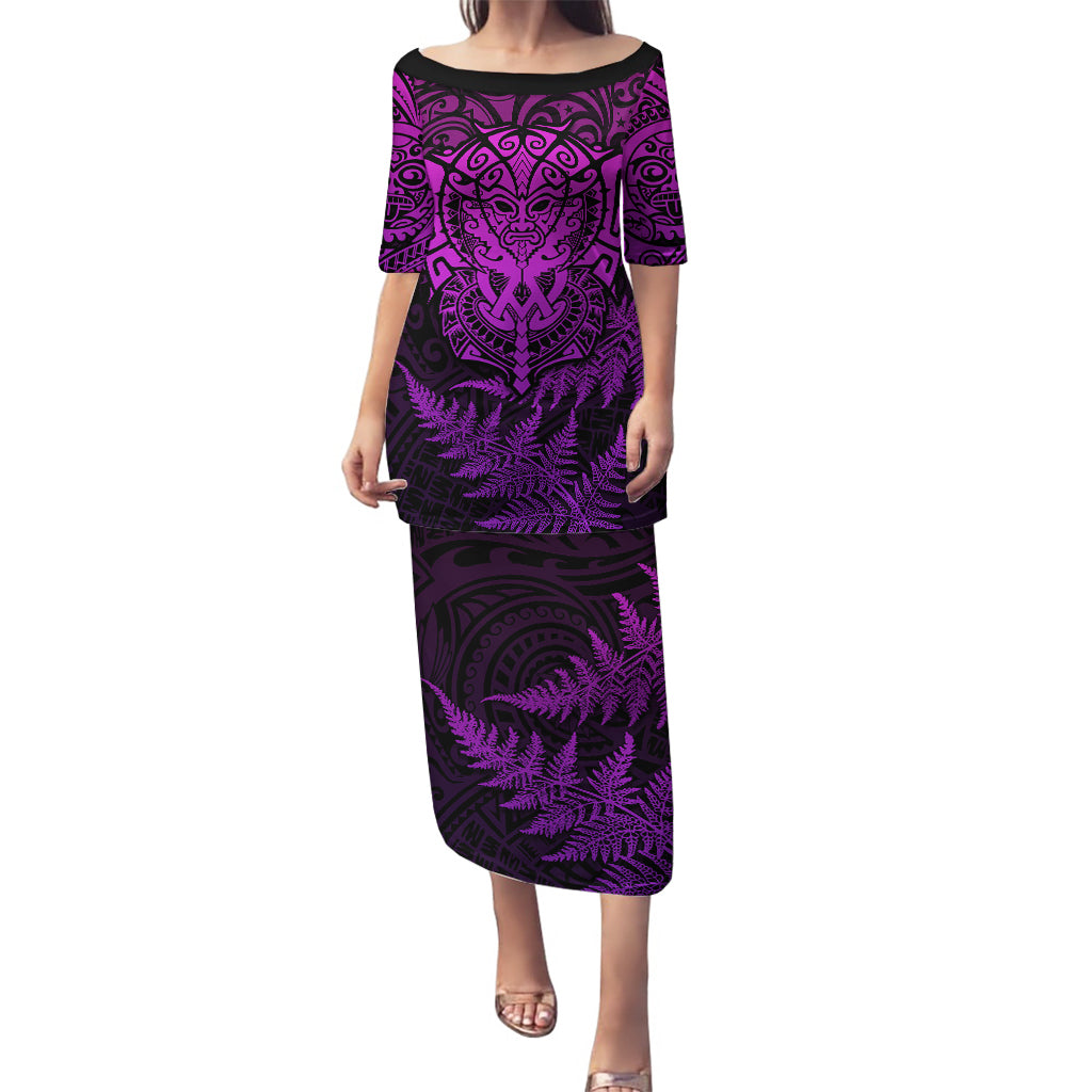 New Zealand Rugby Puletasi Silver Fern All Black Mix Ta Moko Purple Style LT9 Long Dress Purple - Polynesian Pride