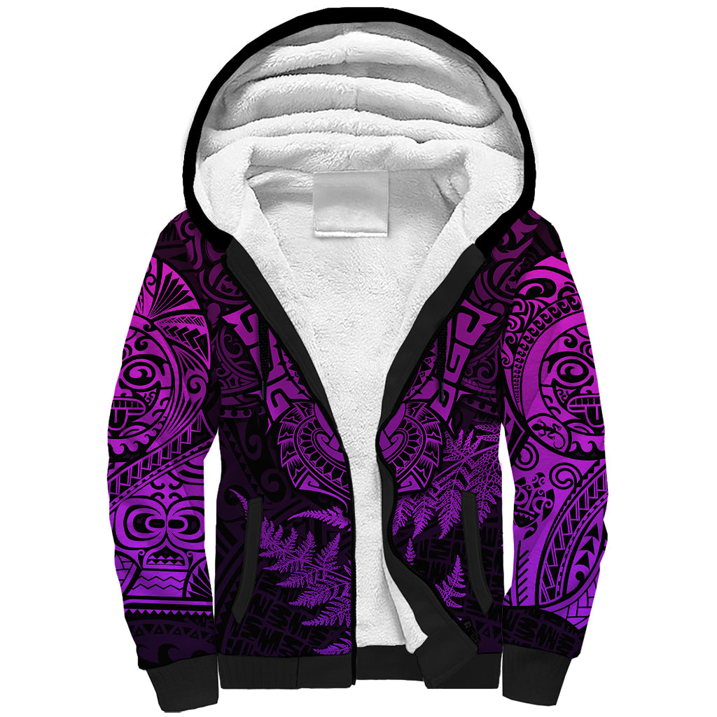 New Zealand Rugby Sherpa Hoodie Silver Fern All Black Mix Ta Moko Purple Style LT9 Unisex Purple - Polynesian Pride