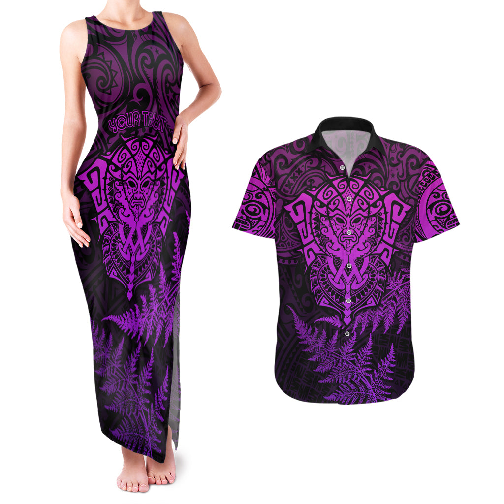 Personalised New Zealand Rugby Couples Matching Tank Maxi Dress and Hawaiian Shirt Silver Fern All Black Mix Ta Moko Purple Style LT9 Purple - Polynesian Pride