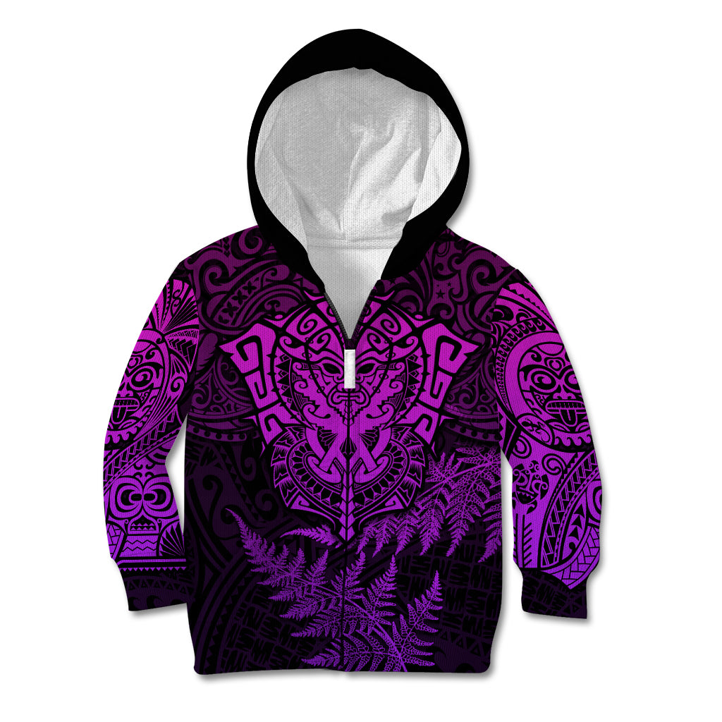 Personalised New Zealand Rugby Kid Hoodie Silver Fern All Black Mix Ta Moko Purple Style LT9 Zip Hoodie Purple - Polynesian Pride