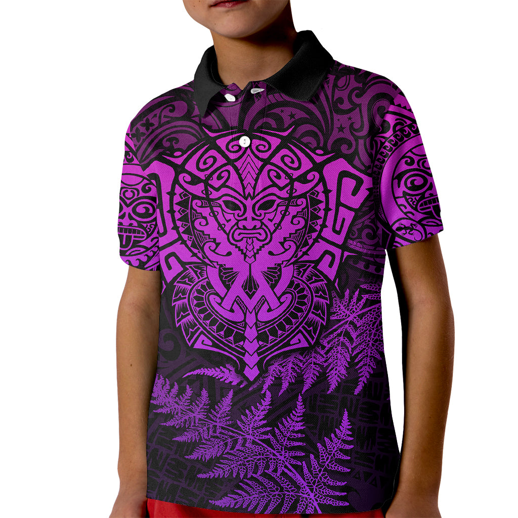 Personalised New Zealand Rugby Kid Polo Shirt Silver Fern All Black Mix Ta Moko Purple Style LT9 Kid Purple - Polynesian Pride