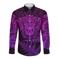 Personalised New Zealand Rugby Long Sleeve Button Shirt Silver Fern All Black Mix Ta Moko Purple Style LT9 Unisex Purple - Polynesian Pride