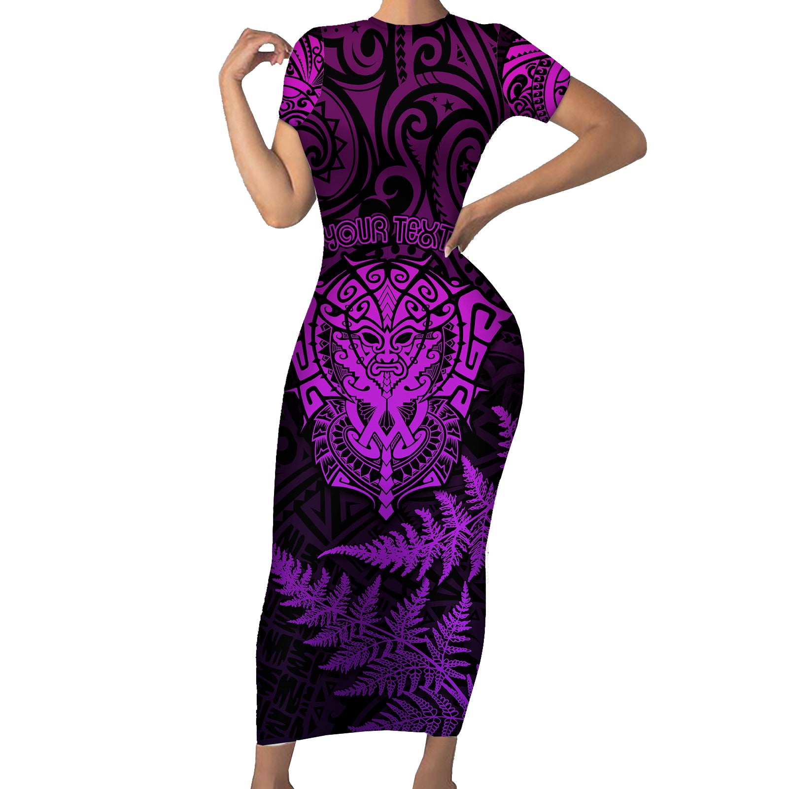 Personalised New Zealand Rugby Short Sleeve Bodycon Dress Silver Fern All Black Mix Ta Moko Purple Style LT9 Long Dress Purple - Polynesian Pride