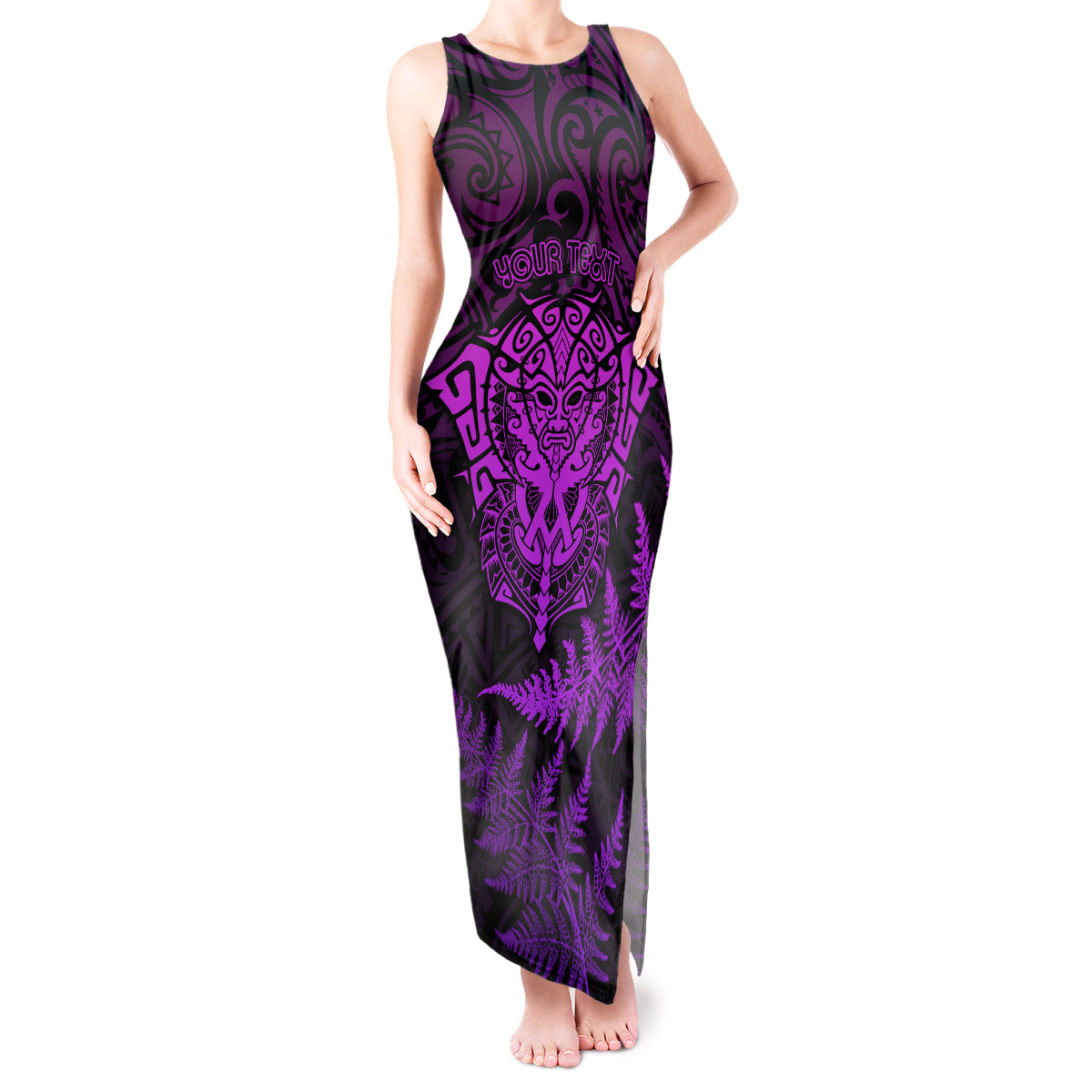 Personalised New Zealand Rugby Tank Maxi Dress Silver Fern All Black Mix Ta Moko Purple Style LT9 Women Purple - Polynesian Pride