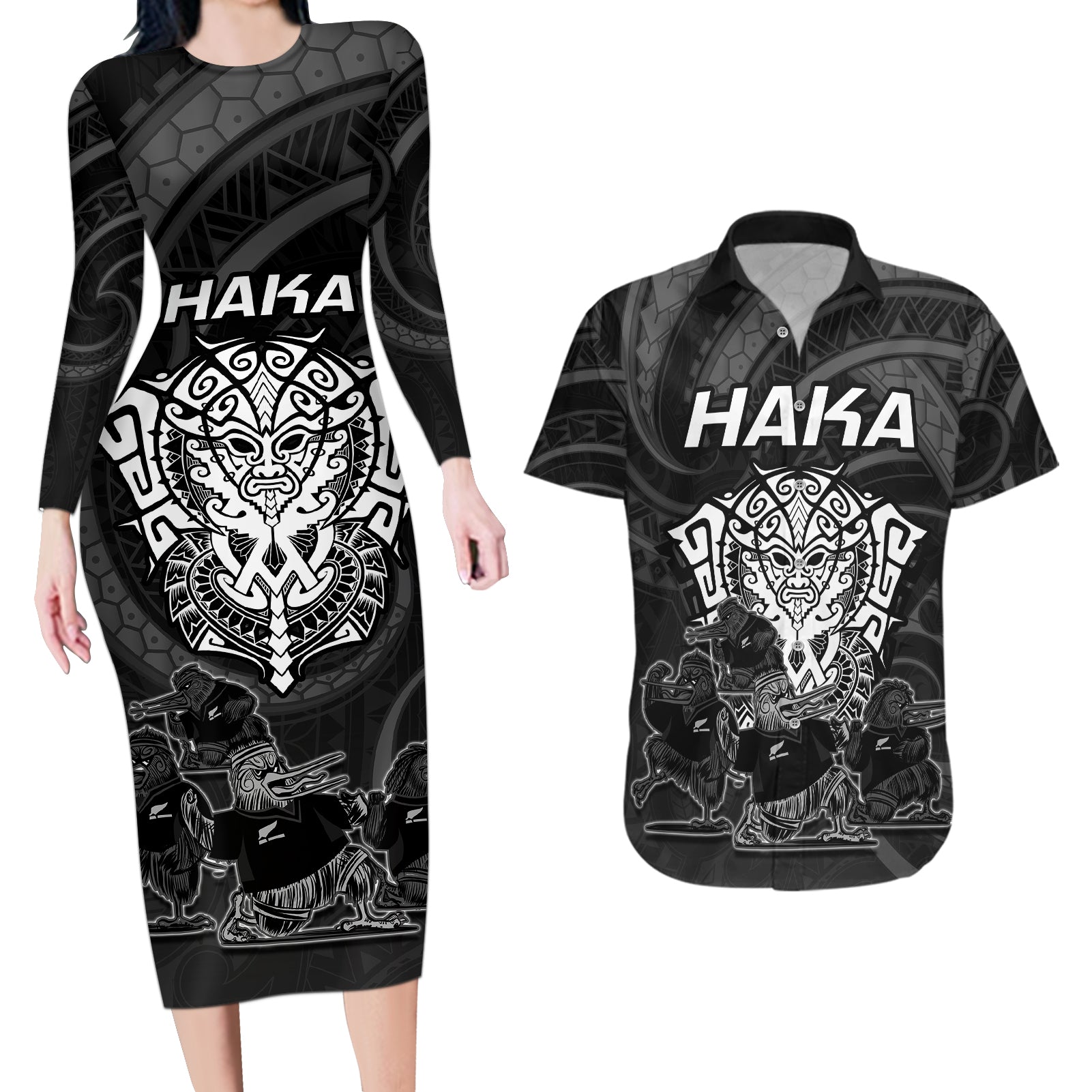 Personalised New Zealand Rugby Couples Matching Long Sleeve Bodycon Dress and Hawaiian Shirt Aotearoa Ka Mate Haka All Black Mix Ta Moko White Style LT9 White - Polynesian Pride