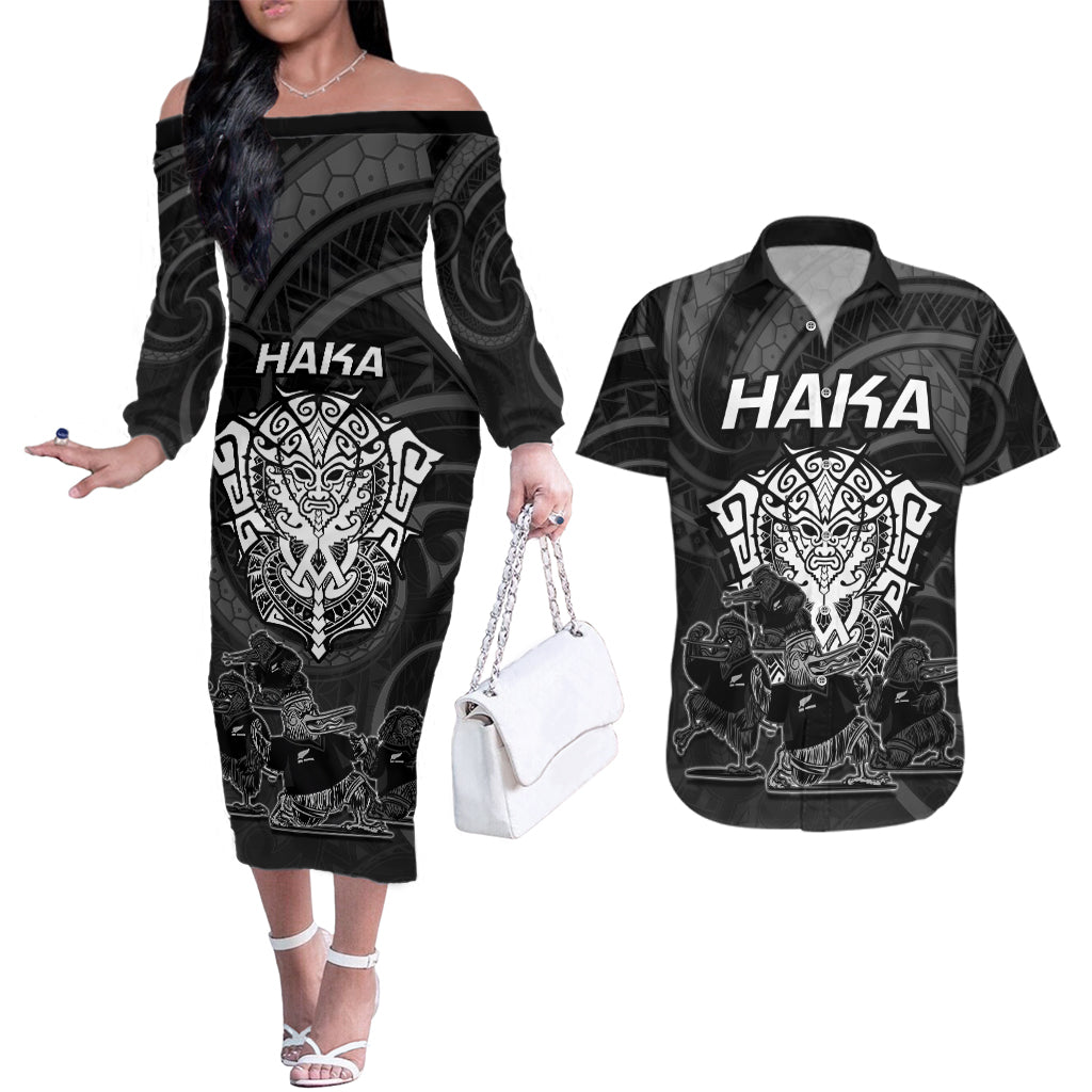 Personalised New Zealand Rugby Couples Matching Off The Shoulder Long Sleeve Dress and Hawaiian Shirt Aotearoa Ka Mate Haka All Black Mix Ta Moko White Style LT9 White - Polynesian Pride