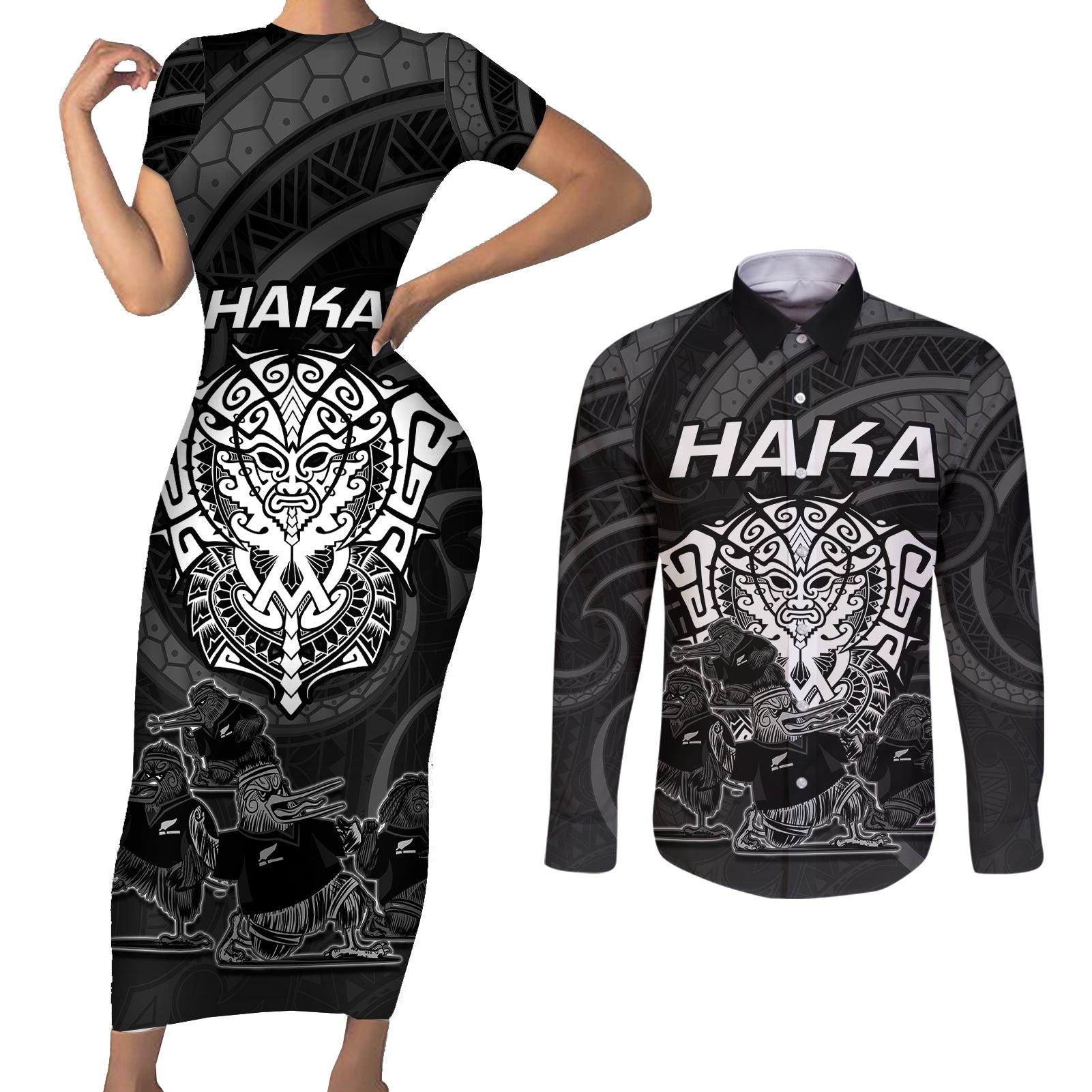 Personalised New Zealand Rugby Couples Matching Short Sleeve Bodycon Dress and Long Sleeve Button Shirts Aotearoa Ka Mate Haka All Black Mix Ta Moko White Style LT9 White - Polynesian Pride