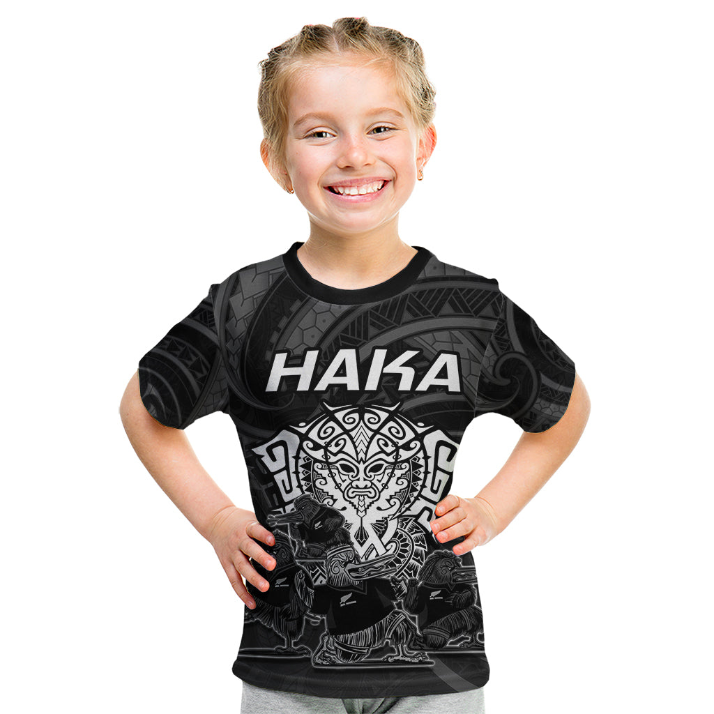 Personalised New Zealand Rugby Kid T Shirt Aotearoa Ka Mate Haka All Black Mix Ta Moko White Style LT9 White - Polynesian Pride