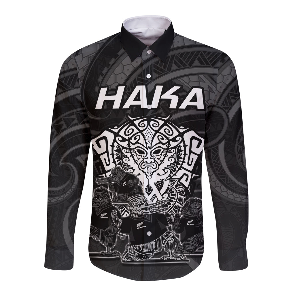 Personalised New Zealand Rugby Long Sleeve Button Shirt Aotearoa Ka Mate Haka All Black Mix Ta Moko White Style LT9 Unisex White - Polynesian Pride