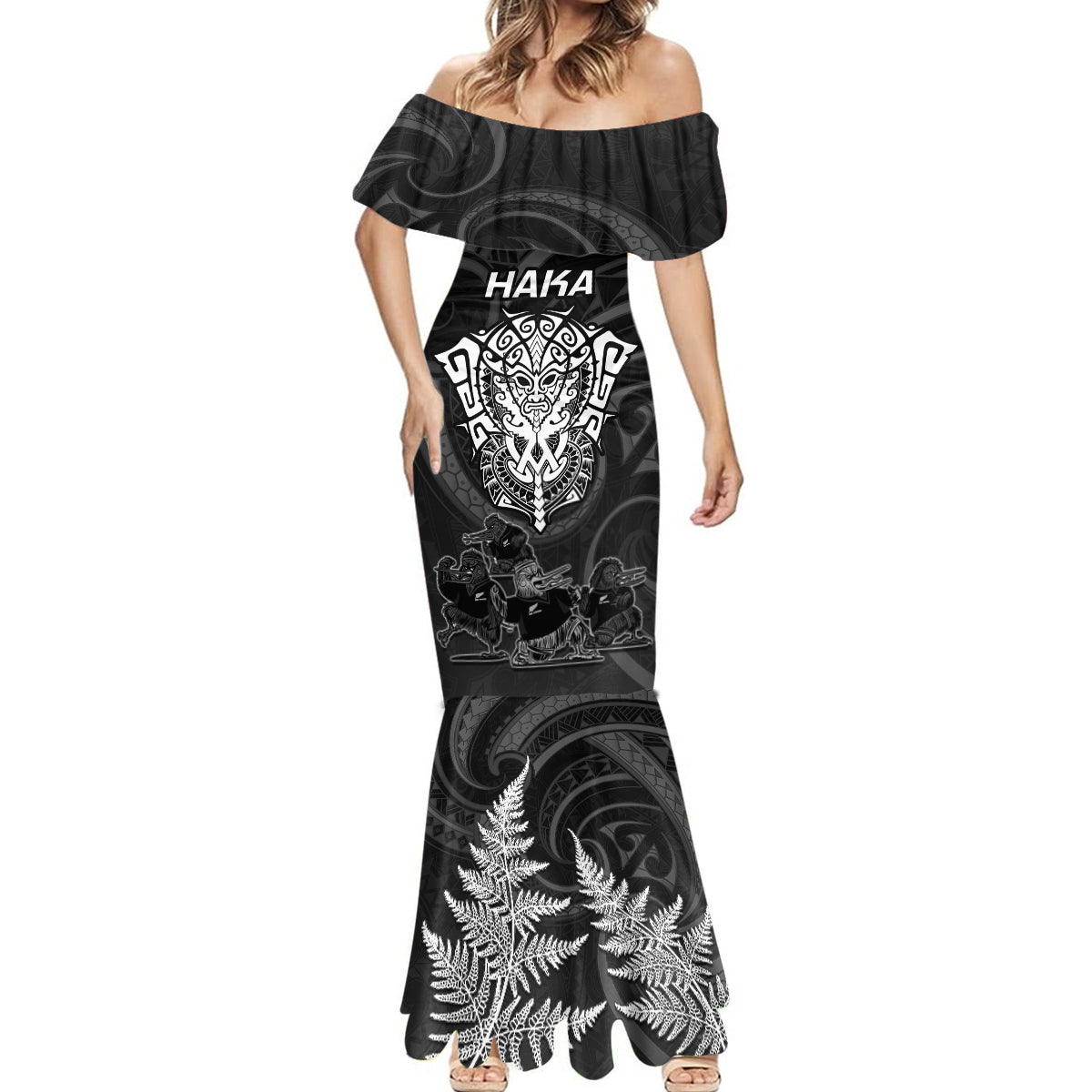 Personalised New Zealand Rugby Mermaid Dress Aotearoa Ka Mate Haka All Black Mix Ta Moko White Style LT9 - Polynesian Pride