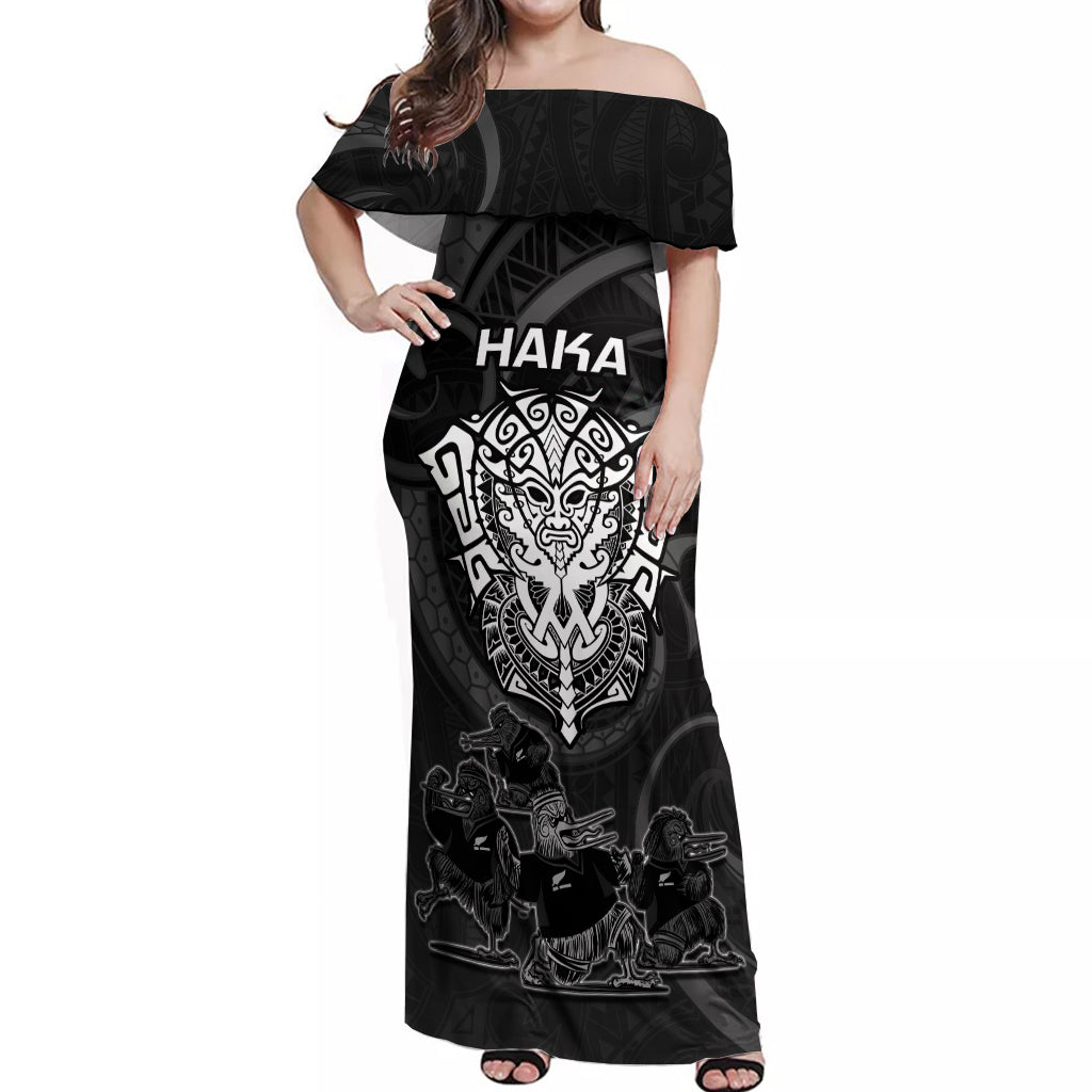 Personalised New Zealand Rugby Off Shoulder Maxi Dress Aotearoa Ka Mate Haka All Black Mix Ta Moko White Style LT9 Women White - Polynesian Pride