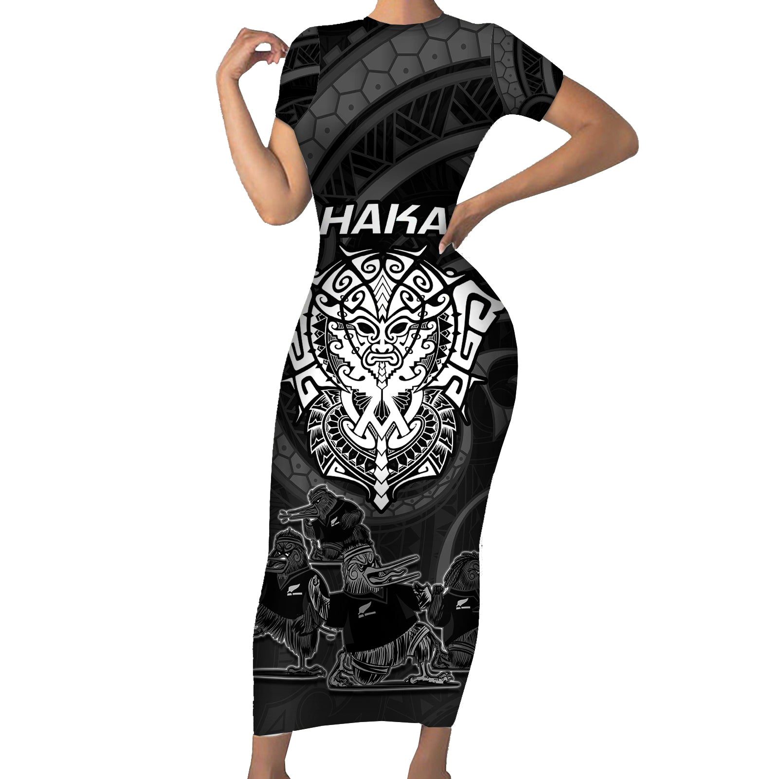 Personalised New Zealand Rugby Short Sleeve Bodycon Dress Aotearoa Ka Mate Haka All Black Mix Ta Moko White Style LT9 Long Dress White - Polynesian Pride