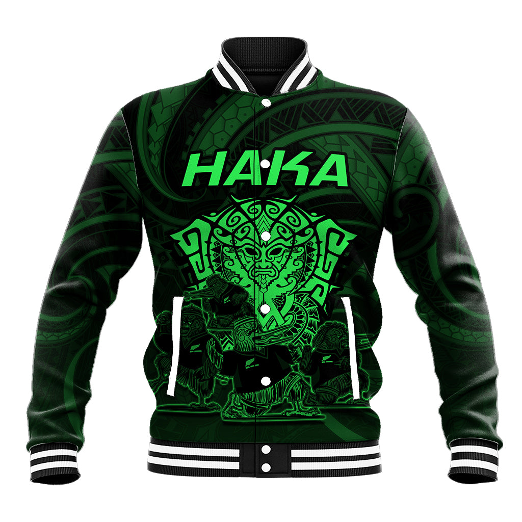 Personalised New Zealand Rugby Baseball Jacket Aotearoa Ka Mate Haka All Black Mix Ta Moko Green Style LT9 Unisex Green - Polynesian Pride