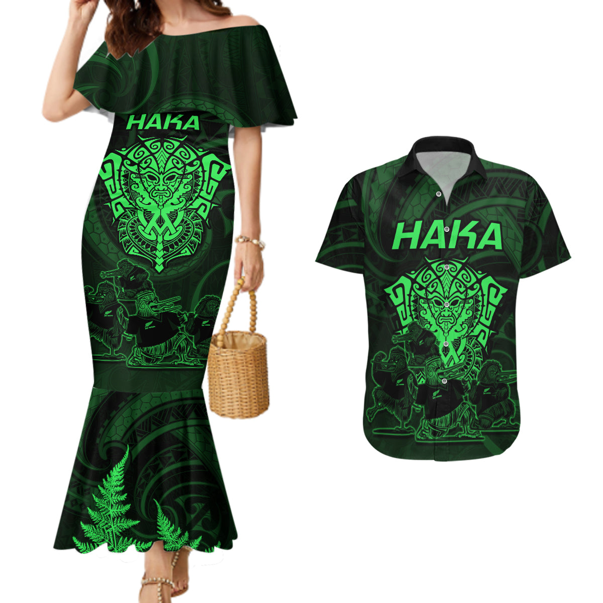 Personalised New Zealand Rugby Couples Matching Mermaid Dress and Hawaiian Shirt Aotearoa Ka Mate Haka All Black Mix Ta Moko Green Style LT9 Green - Polynesian Pride