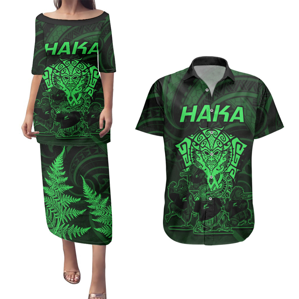 Personalised New Zealand Rugby Couples Matching Puletasi Dress and Hawaiian Shirt Aotearoa Ka Mate Haka All Black Mix Ta Moko Green Style LT9 Green - Polynesian Pride