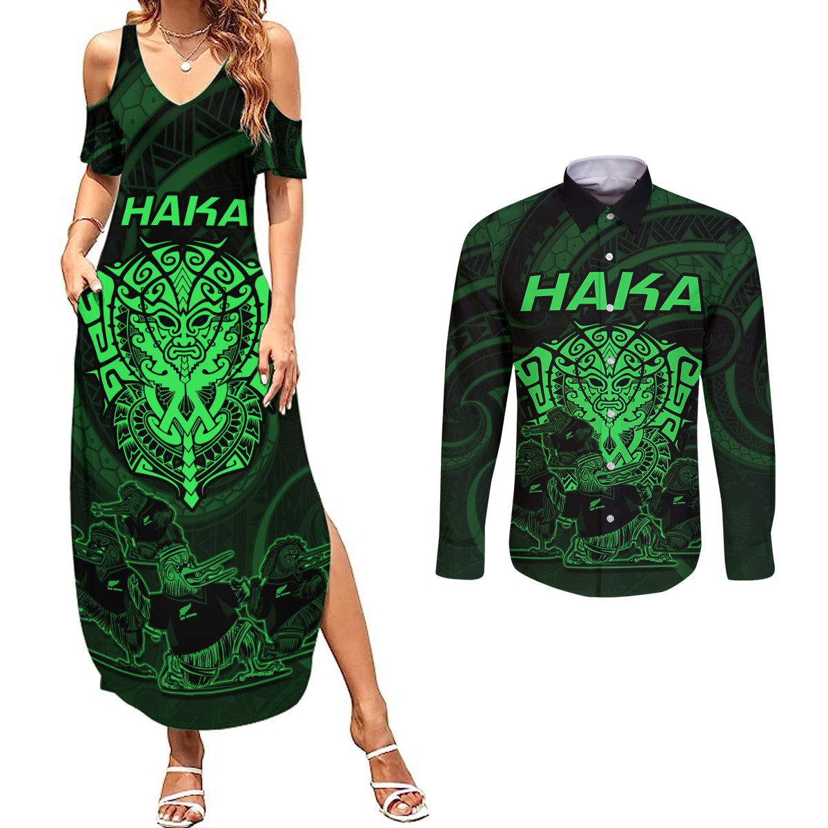 Personalised New Zealand Rugby Couples Matching Summer Maxi Dress and Long Sleeve Button Shirts Aotearoa Ka Mate Haka All Black Mix Ta Moko Green Style LT9 Green - Polynesian Pride