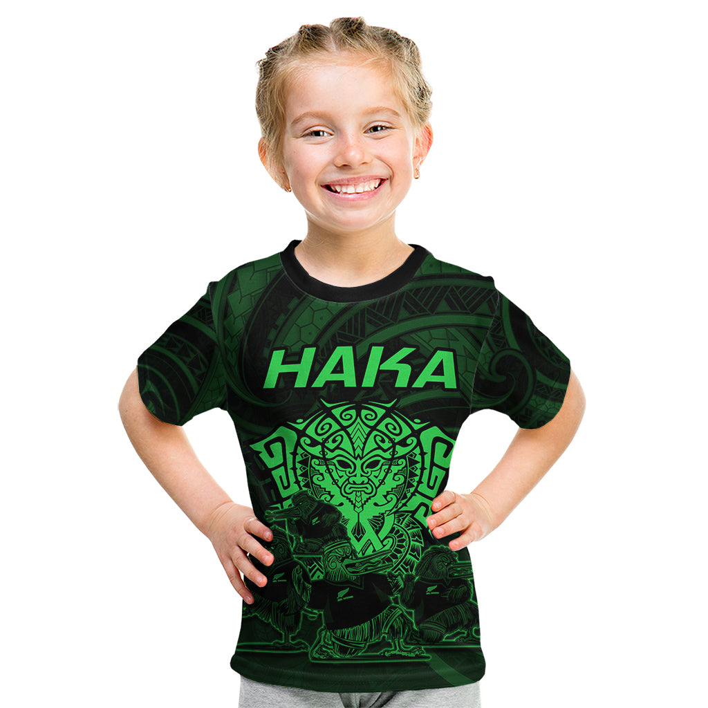 Personalised New Zealand Rugby Kid T Shirt Aotearoa Ka Mate Haka All Black Mix Ta Moko Green Style LT9 Green - Polynesian Pride