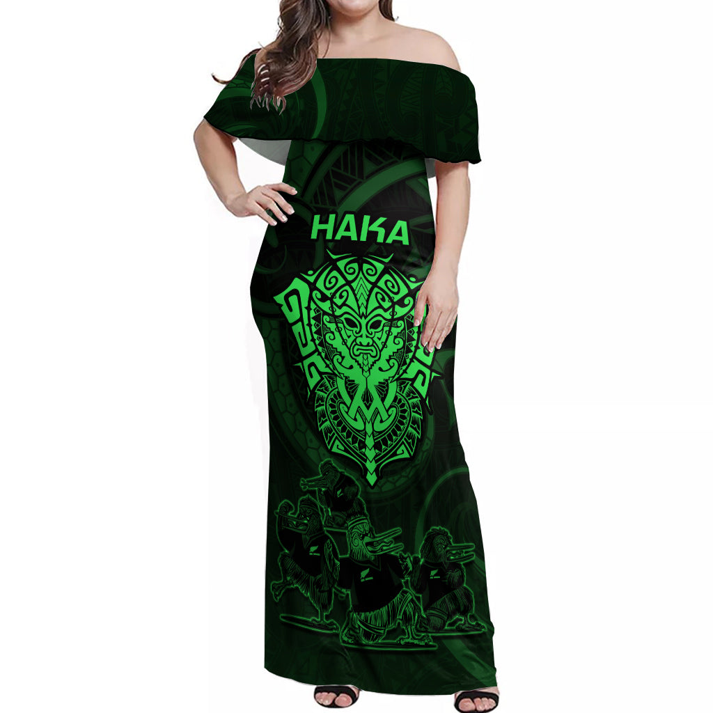 Personalised New Zealand Rugby Off Shoulder Maxi Dress Aotearoa Ka Mate Haka All Black Mix Ta Moko Green Style LT9 Women Green - Polynesian Pride