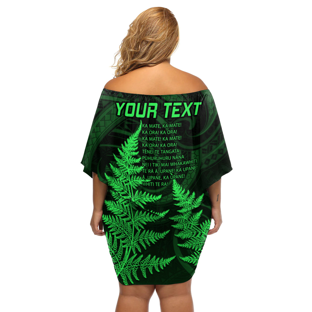 Personalised New Zealand Rugby Off Shoulder Short Dress Aotearoa Ka Mate Haka All Black Mix Ta Moko Green Style LT9 - Polynesian Pride